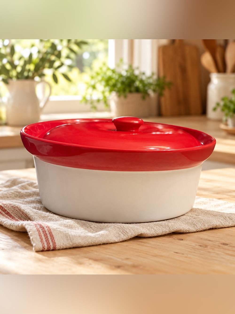 Cordon Bleu Oval Casserole Dish With Lid 10 Inch Red Cream Ceramic Baker